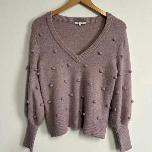 Madewell‎ Womens Small Light Purple Wool Blend Bobble Pom Pom V-neck Sweater - Picture 5 of 14